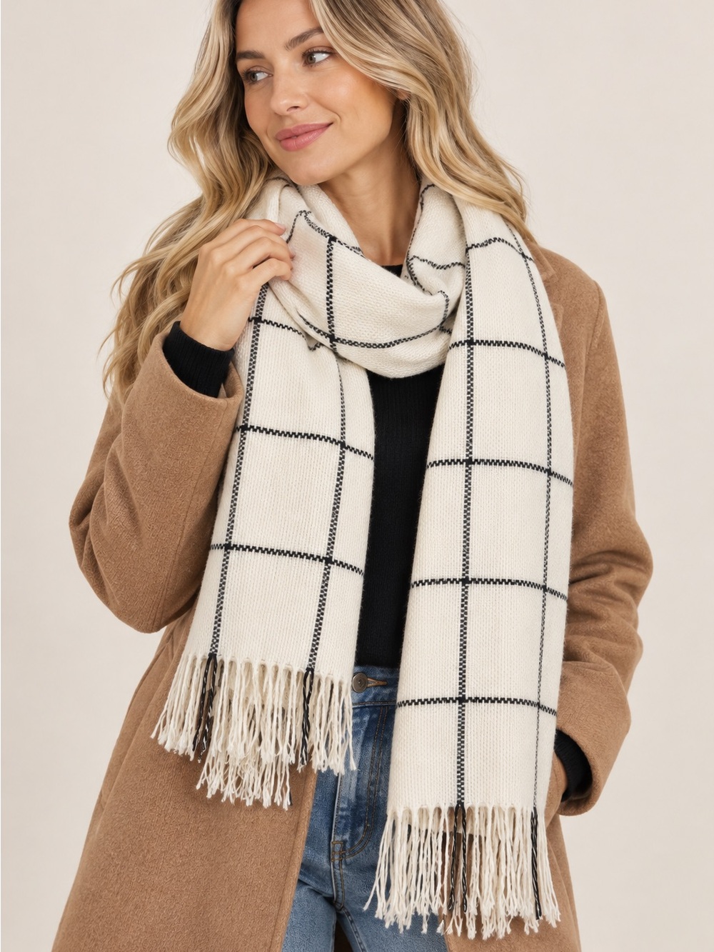 Classic Windowpane Fringe Knit Scarf - Cream & Black